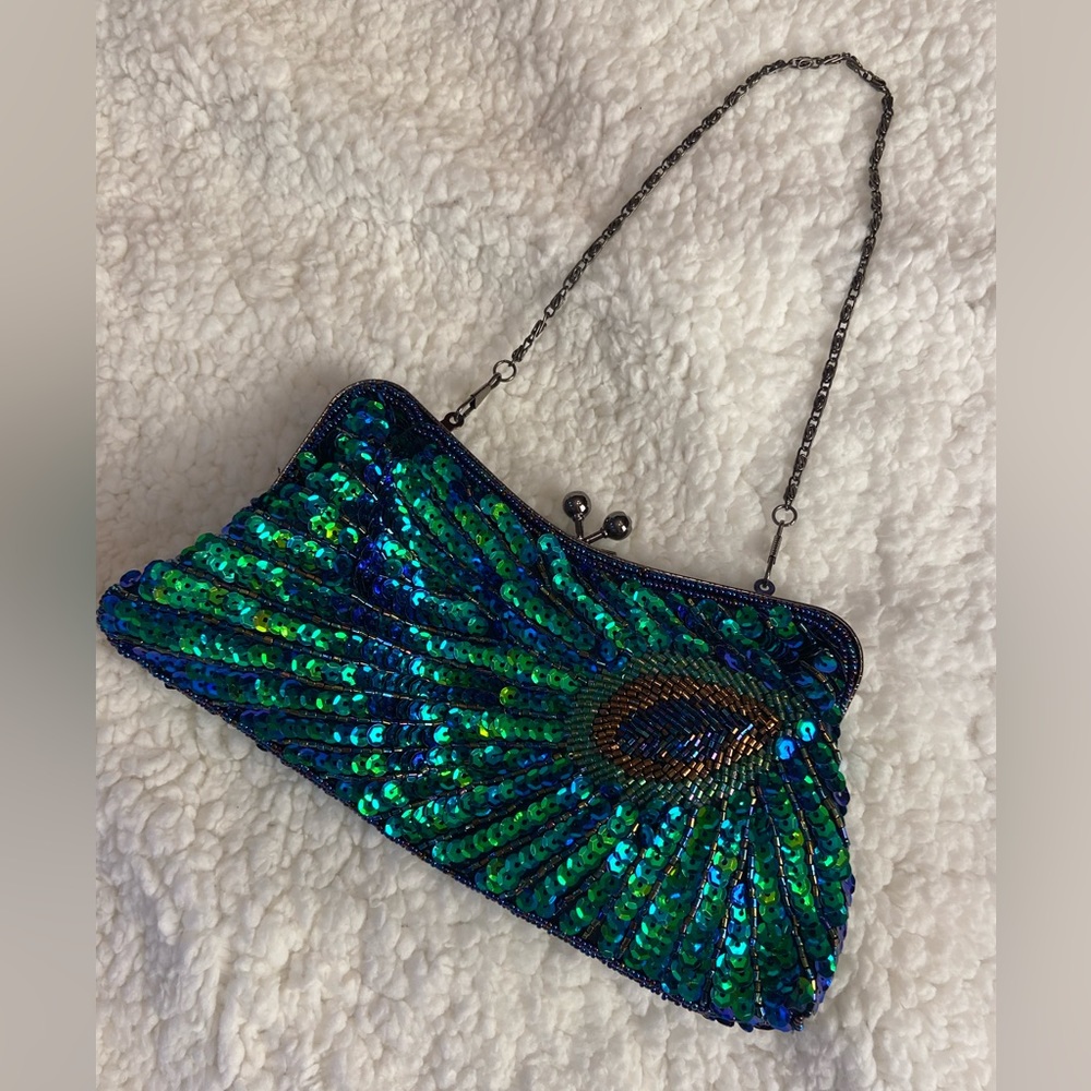 Evening bag/clutch jewel tones blue & green peacock design sequins